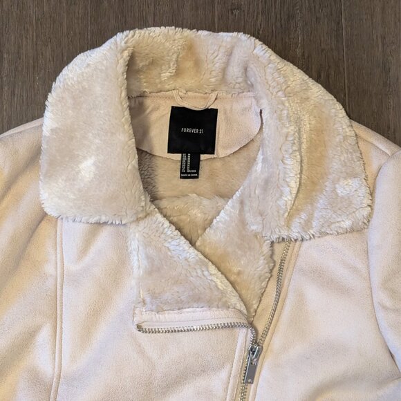 Forever 21 Faux Fur Lined Sherpa Moto Jacket, Cream, Size M - Picture 5 of 13